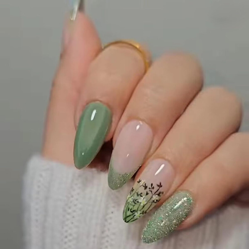 White,Green Medium Almond Press On Nails Green Cat Eye French Glitter Fake Nails With White Flower Design 24Pcs