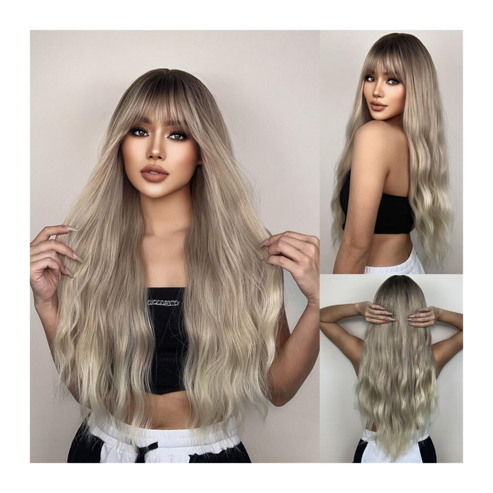 Unisex Brown Long Ombre Blonde Synthetic Wig With Bangs, Heat Resistant Long Wavy Wig For Women