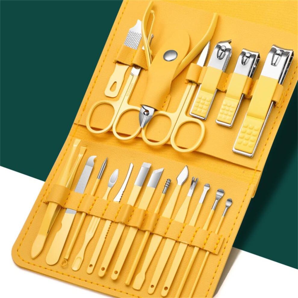 Nail Clippers and Manicure Set Stainless Steel 20PCS with Ergonomic Grip Travel Grooming Case Yellow