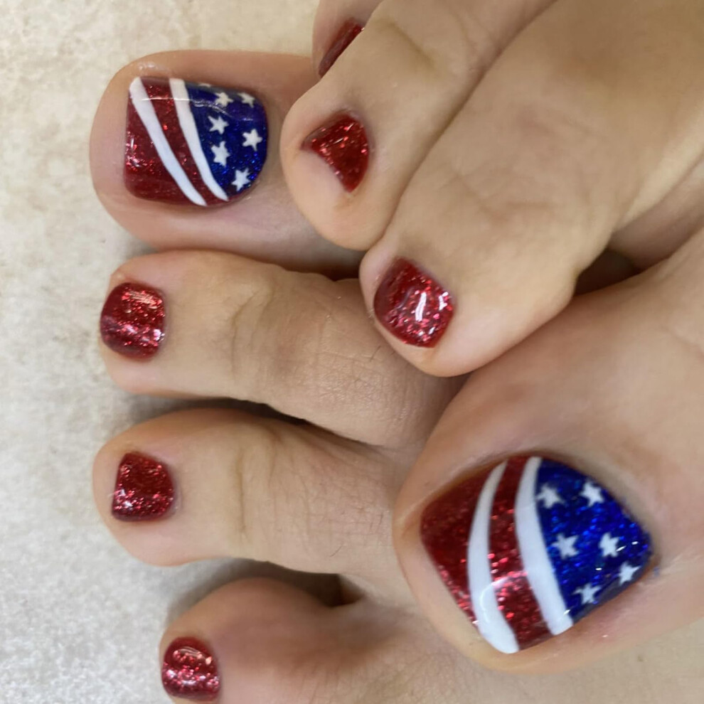 24Pcs 4th of July Press on Toenails Glitter Star Stripe Fake Toenails for Women Independence Day