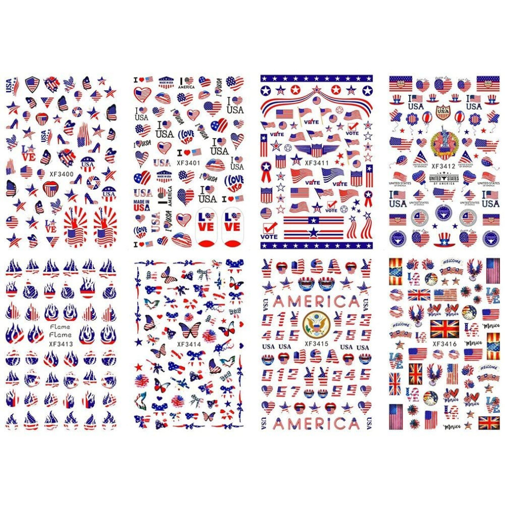 8pcs Independence Day Nail Art Stickers USA Flag Patriotic Nail Decals LongLasting Adhesion