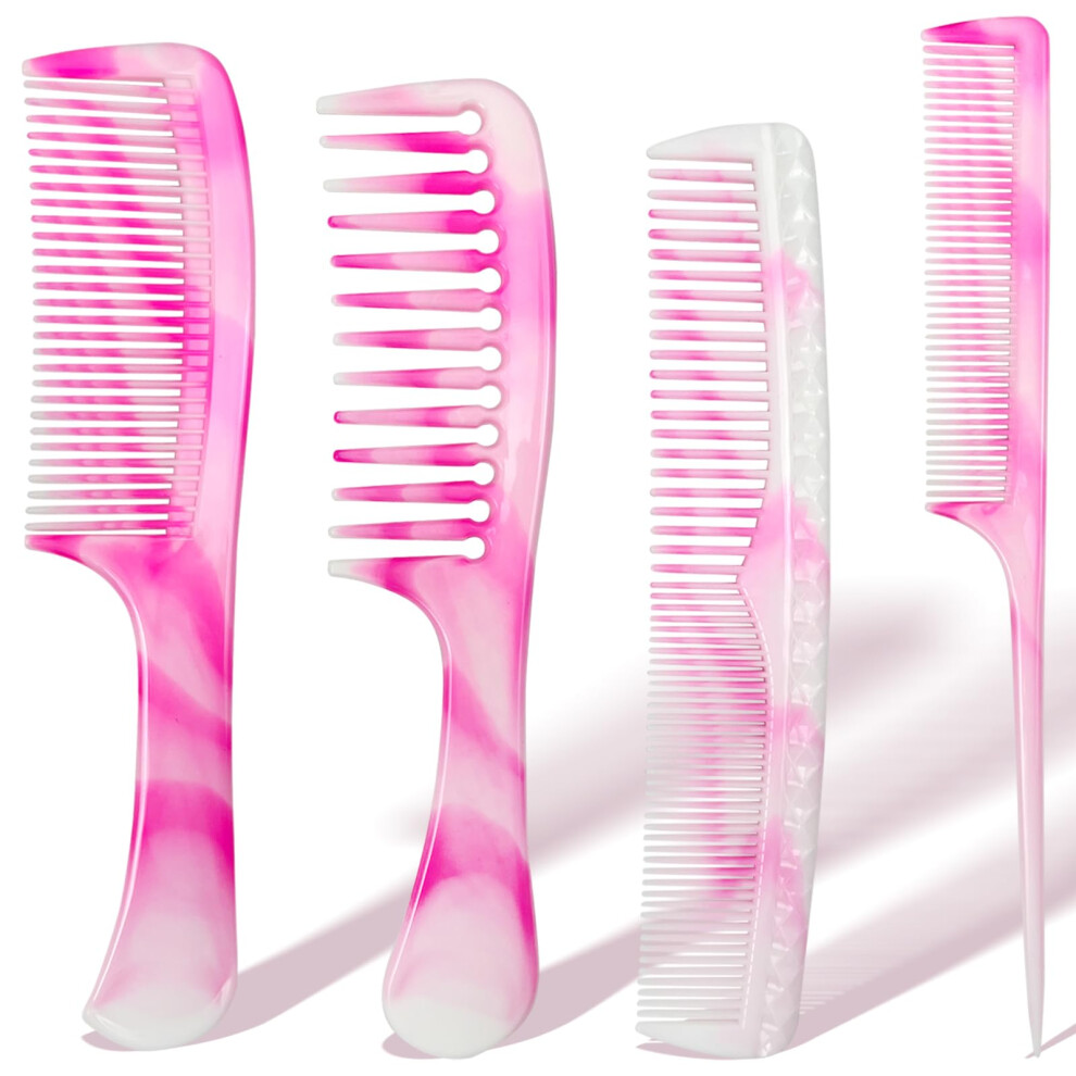 Unisex Pink 4 Pcs Professional Hair Comb Set With Wide And Fine Tooth, Rat Tail And Dualsided Combs,