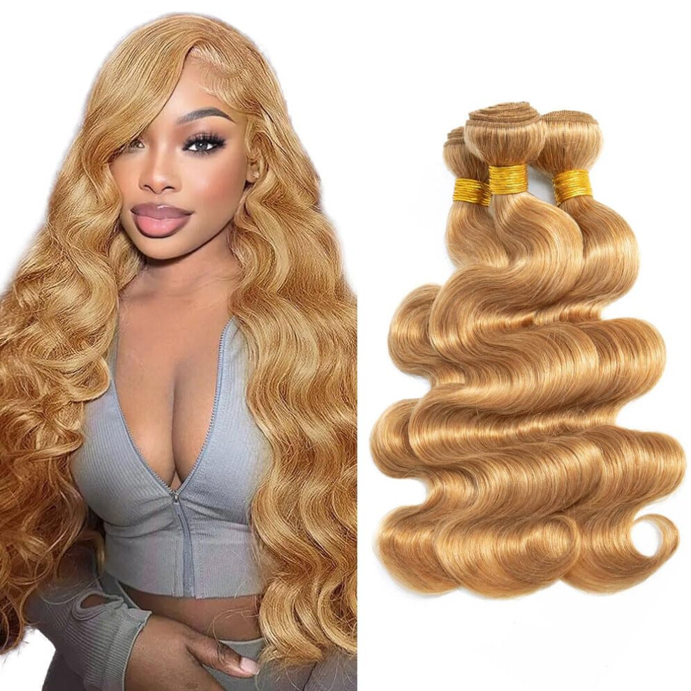 Unisex Brazilian Virgin Hair Bundles Honey Blonde Body Wave Extensions #27 14 16 18 Inch Tangle