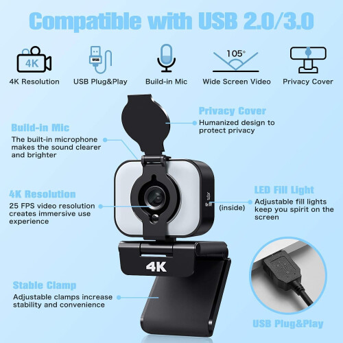 Κάμερα web 4K για υπολογιστή, κάμερα USB υψηλής ευκρίνειας με αυτόματη εστίαση, 2