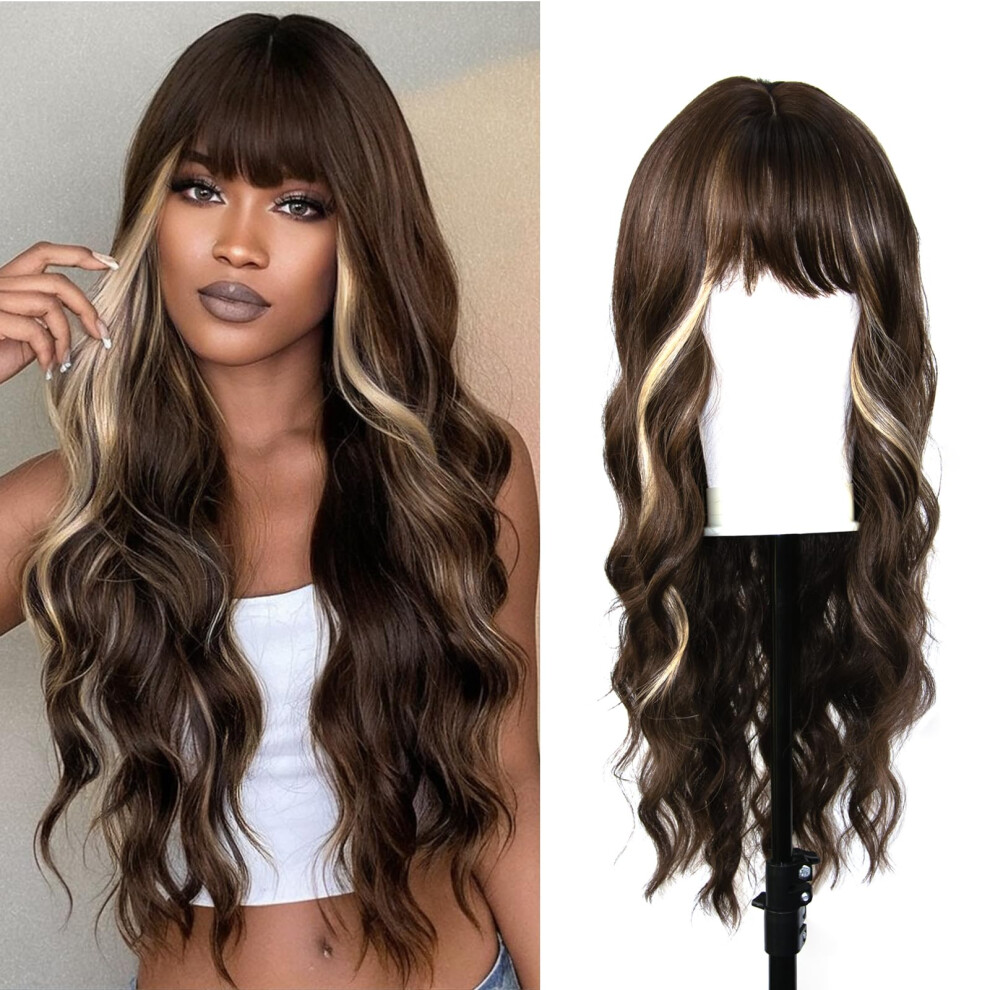 Unisex Brown Wig With Bangs Long Wavy 26 Inch Ombre To Blonde Highlights Heat Resistant Synthetic Wig For Women