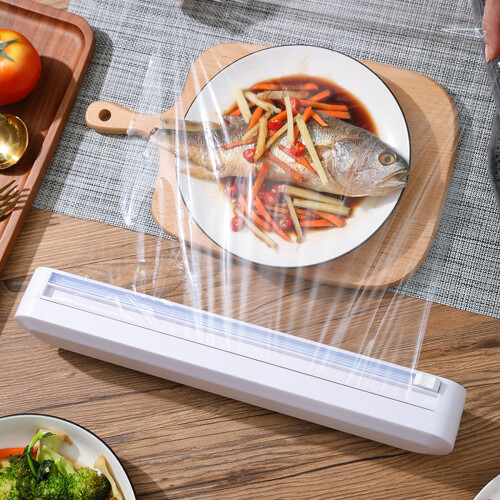 Plastic Wrap Dispenser with Slide Cutter, Convenient Adjustable Design for Home Kitchen and Restaurant, Accommodates Simple Operation, Compact Safe 1