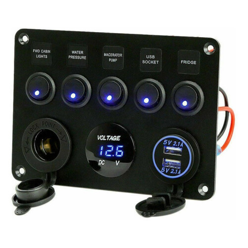 Marine Grade Power Control Panel, Circuit Breaker Equipped Waterproof Switch Panel with Corrosion Resistant, Marine Switch Panel with Dual USB