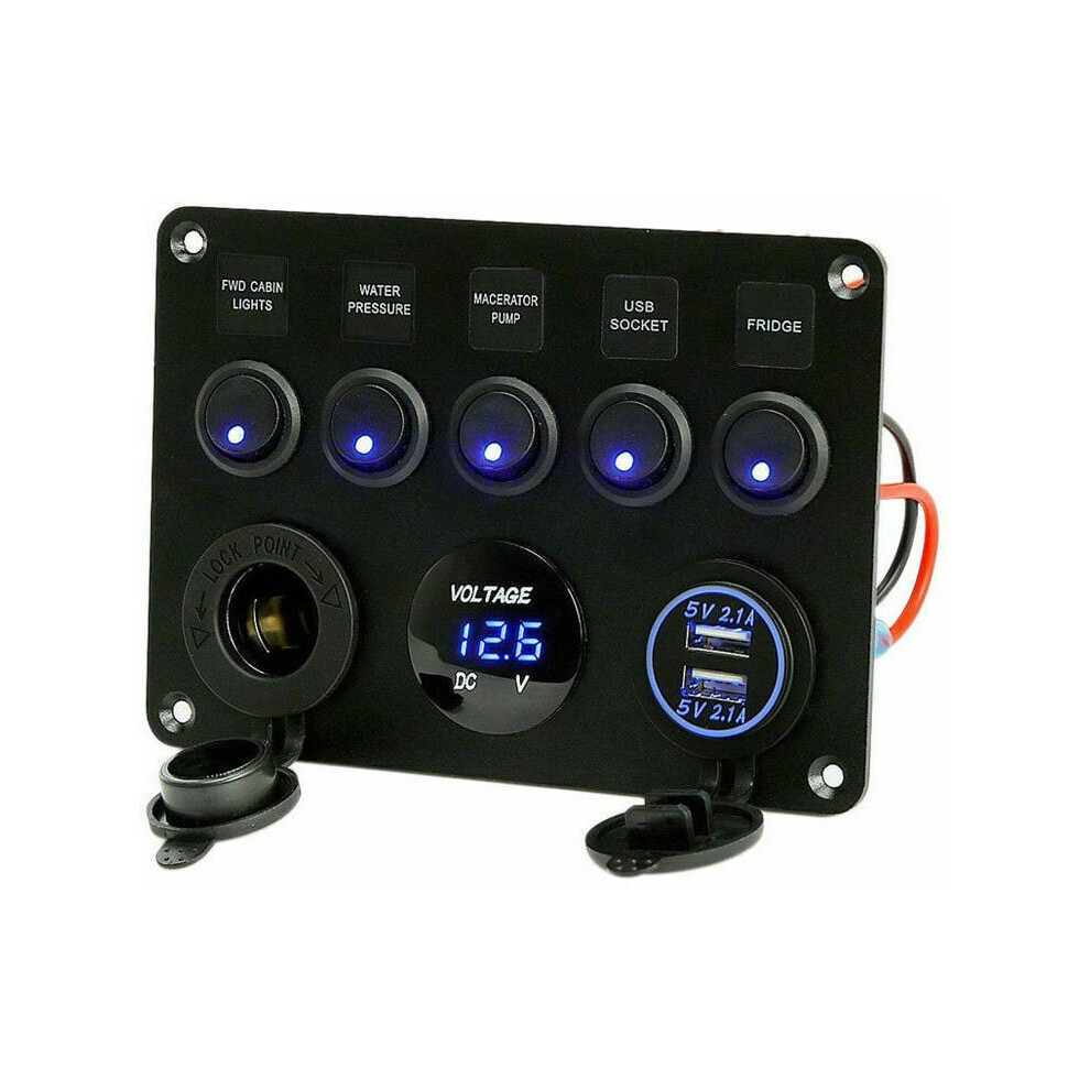 Digital Voltmeter For Car Boat, 5 Gang Rocker Switch Panel With 12V Outlet Prewired Wiring Harness, Dual Usb Charging Ports Waterproof Switch Panel 9009791506365