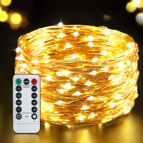 Waterproof Fairy Lights, Copper Wire LED String Lights with Remote, 8 Lighting Modes Adjustable Brightness for Patio, Timer Function Indoor Outdoor