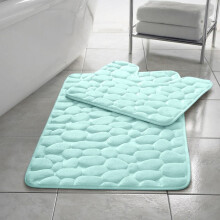 (Aqua Blue) Memory Foam Bath Mat Non- Slip / Toilet Mat Set Pebbles