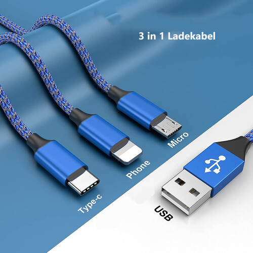 Καλώδιο φόρτισης Multi3In1Usb από πλεγμένο νάιλον, σχεδιασμένο για αντοχή και 1