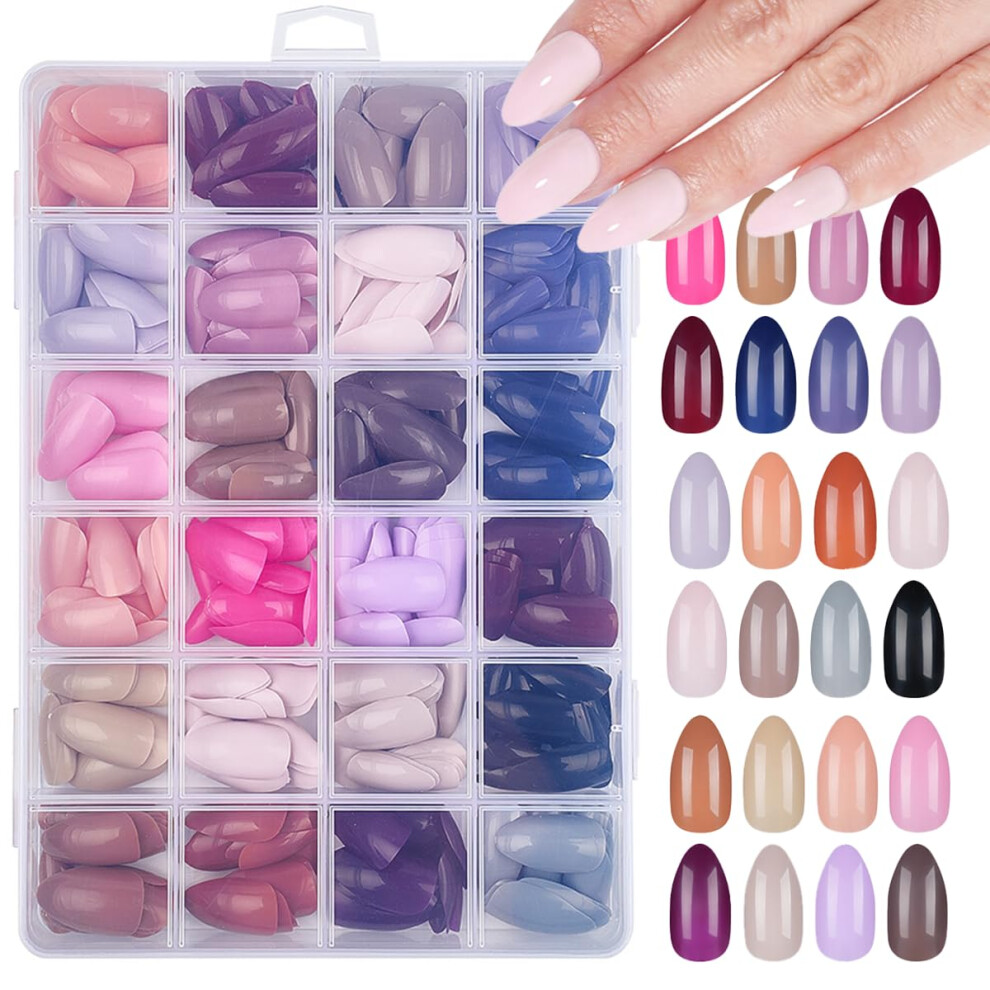 Medium Almond Press on Nails Set, Glossy Acrylic Fake Nails, 24 Colors, Reusable for Women