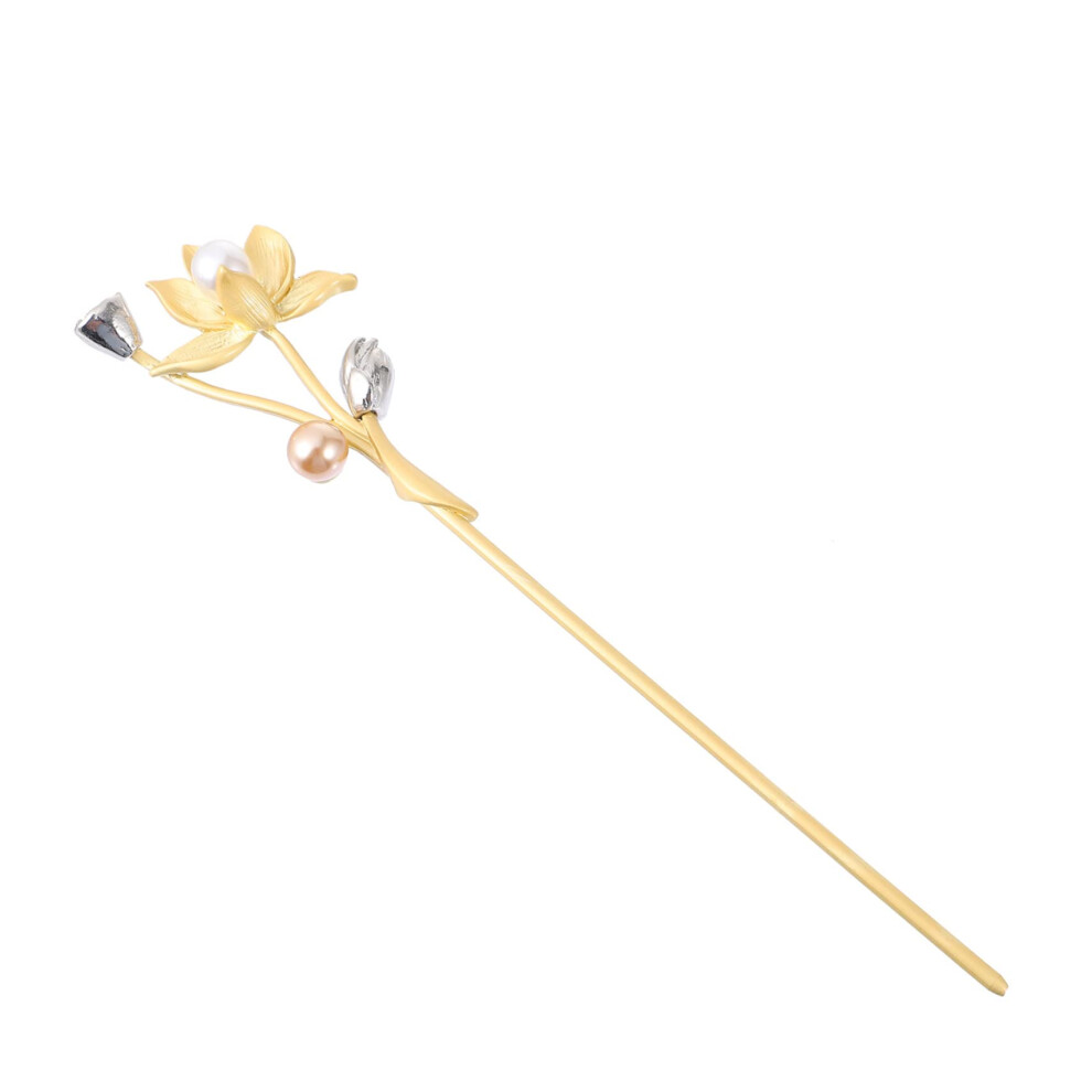 Golden Pearl Chinese Hair Stick with Vintage Floral Ornament for Hanfu Bun Styling