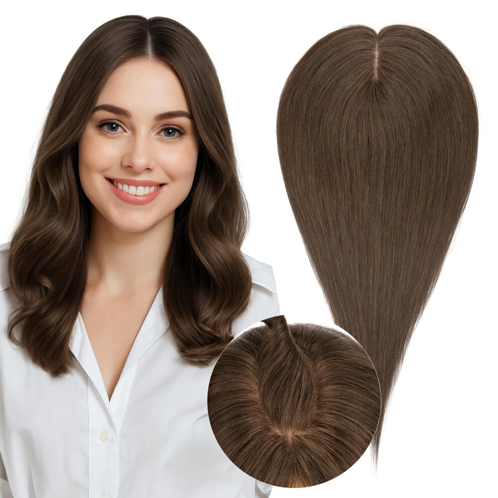 Unisex Brown 14 Inch Human Hair Topper For Thinning Hair, Natural Clipin Hairpiece With Silky Base