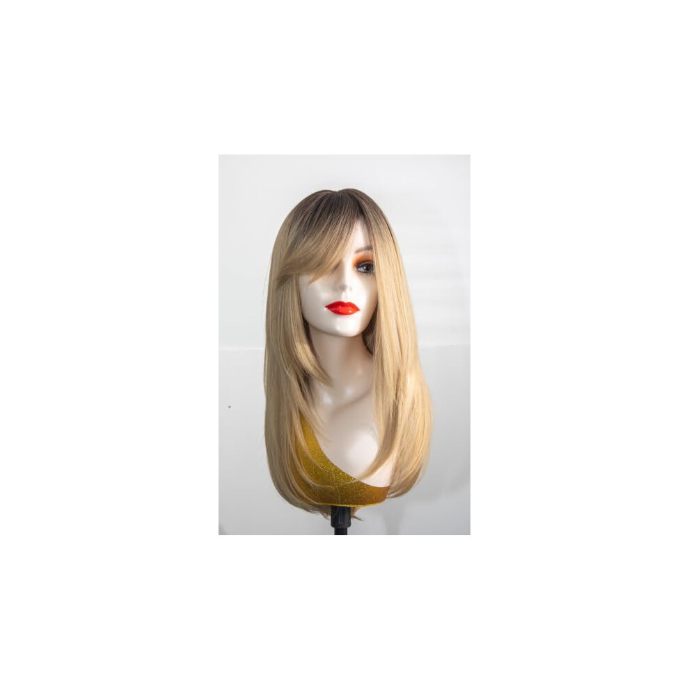 Blonde Wig with Dark Roots, Long Layered Heat Resistant Synthetic Hair, Natural Ombre for Women