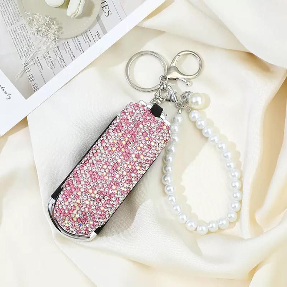 Unisex Pink,White Folding Hair Brush With Mirror Rhinestone Pearl Chain Keychain For Purse And Travel Â Pink
