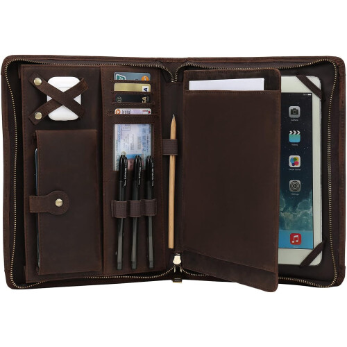 Porte-documents professionnel en cuir véritable, compatible avec iPad Pro, fermeture éclair, format 11,7 pouces.