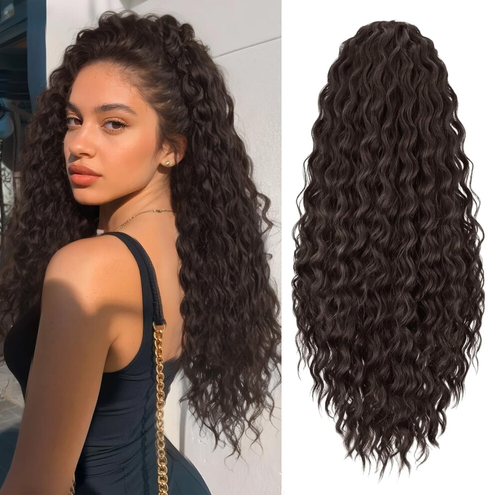 24 Inch Curly Drawstring Ponytail Extension for Black Women, Dark Brown Synthetic Hairpiece