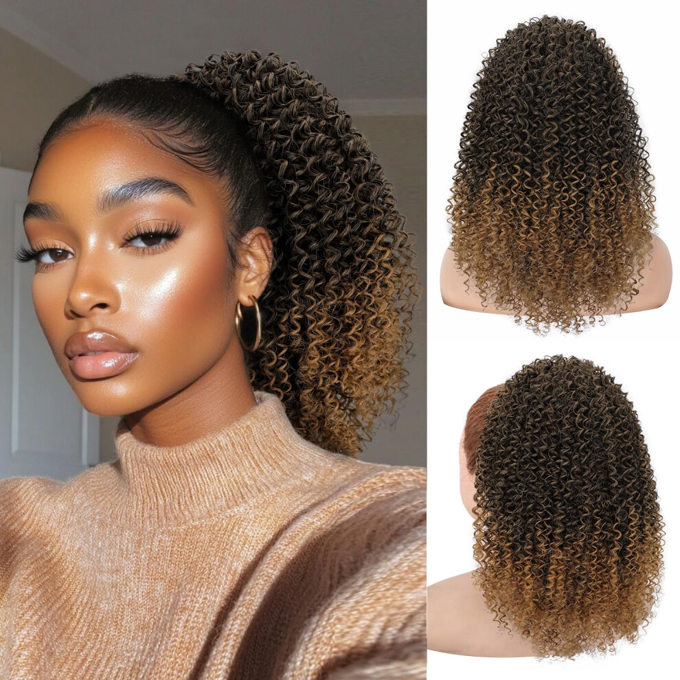Unisex 14 Inch Afro Kinky Curly Drawstring Ponytail Hair Extension With Natural Curls T1b/27 For Women