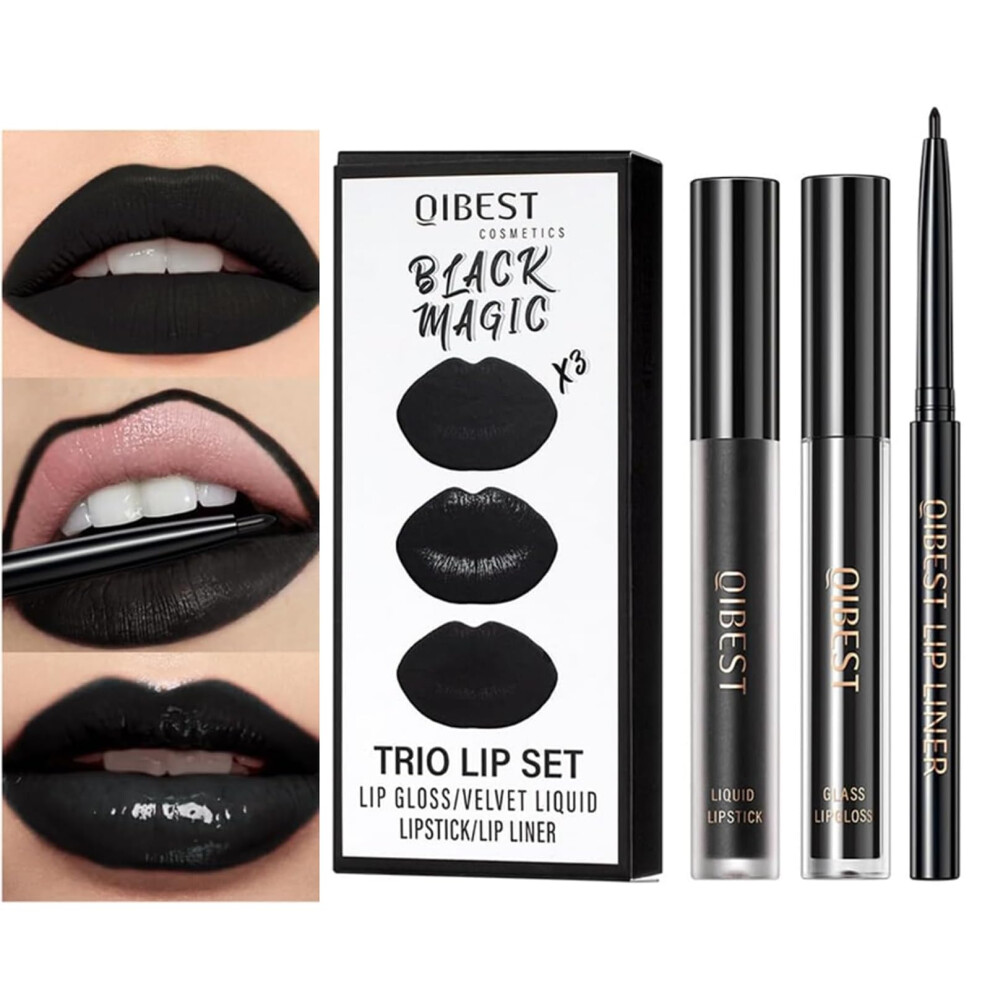 Black Matte Liquid Lipstick Set Waterproof Long Lasting Pigment Lip Liner And Gloss For Women