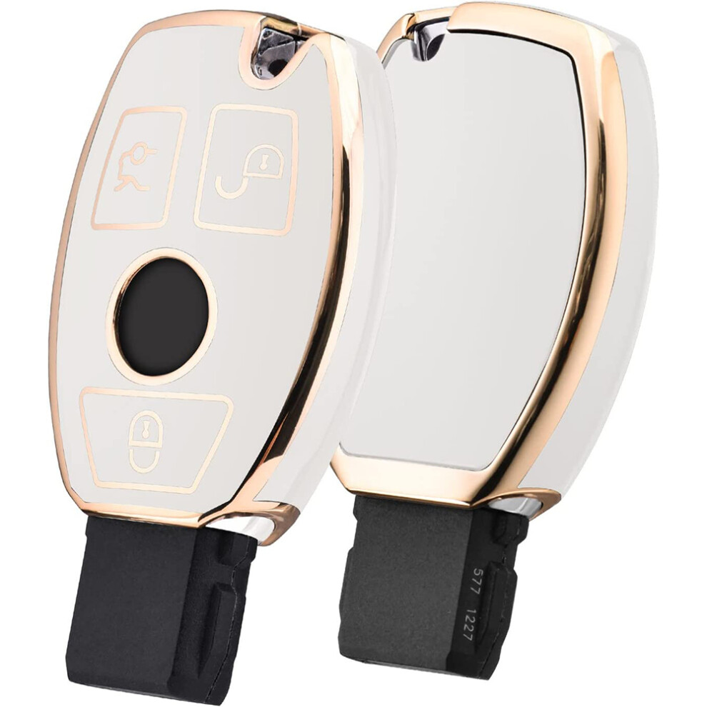 Elegant Mercedes Benz Key Fob Cover, Edge Tpu Protection Case Ensuring Full Signal Transmission And Anti-Lost Keychain, Complete Golden/White 9169997650603