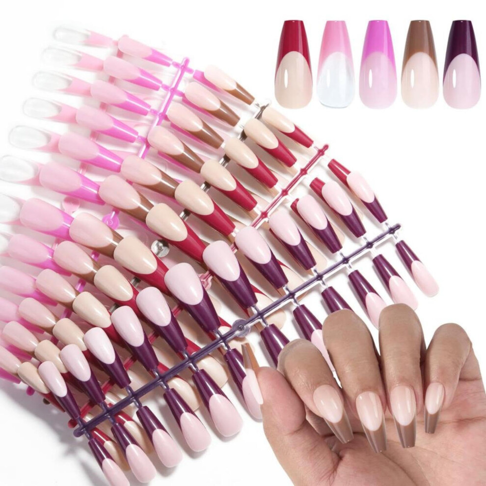 120Pcs Long Coffin Press On Nails French Tip Fake Nails Full Cover Easy Glue On Salon Quality
