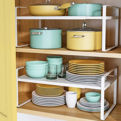 Multifunctional Storage Shelves for Kitchen Cabinet Organization, Countertop Shelf Organizer with Expandable Frame for Pantry Bathroom Use, Stackable 2