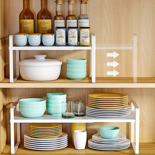 Multifunctional Storage Shelves for Kitchen Cabinet Organization, Countertop Shelf Organizer with Expandable Frame for Pantry Bathroom Use, Stackable 1