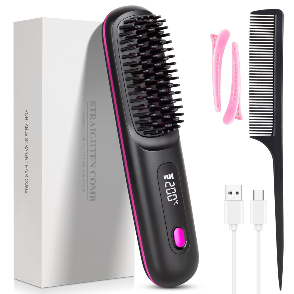 Cordless Hair Straightening Brush with Rapid 20s Heat Up, 3 Temp Levels, USB Rechargeable for All Hair Types, Black