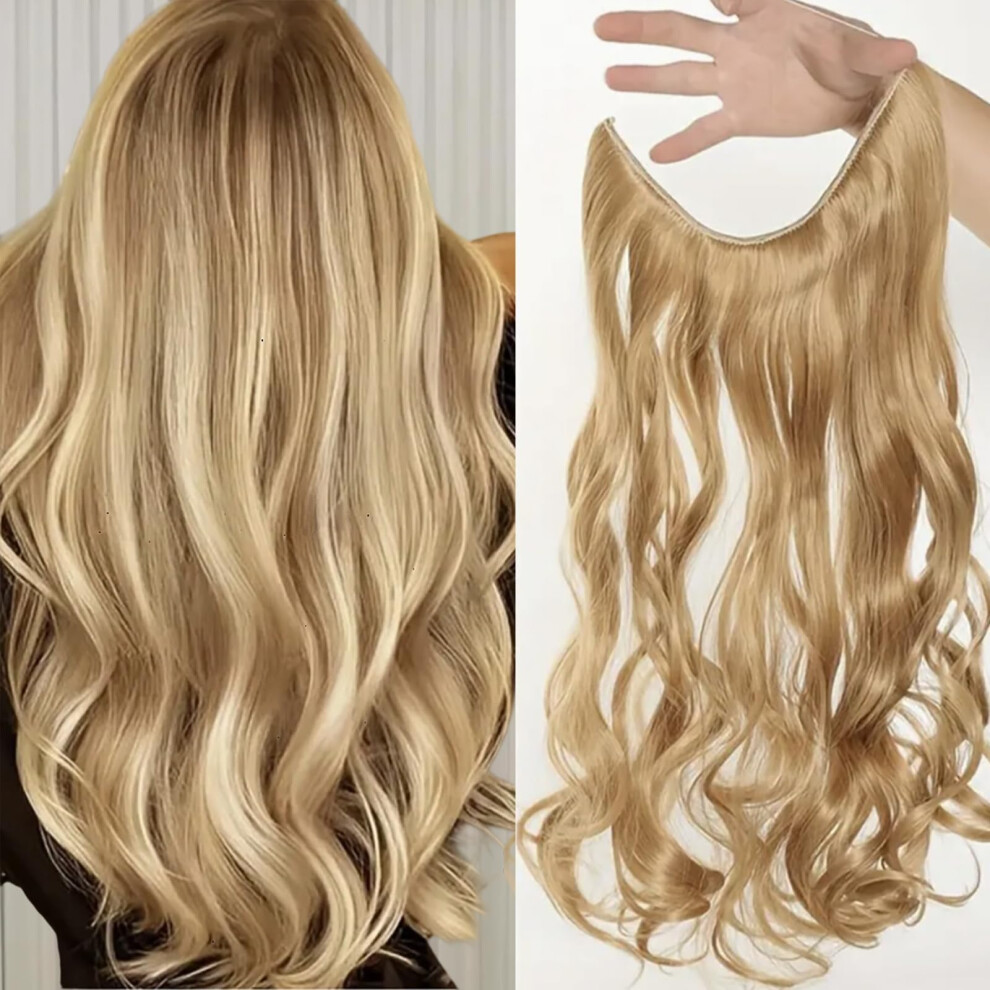Unisex Dark Invisible Wire Hair Extensions 22 Inch Blonde Synthetic Wavy Hair Pieces Heatfriendly For Women