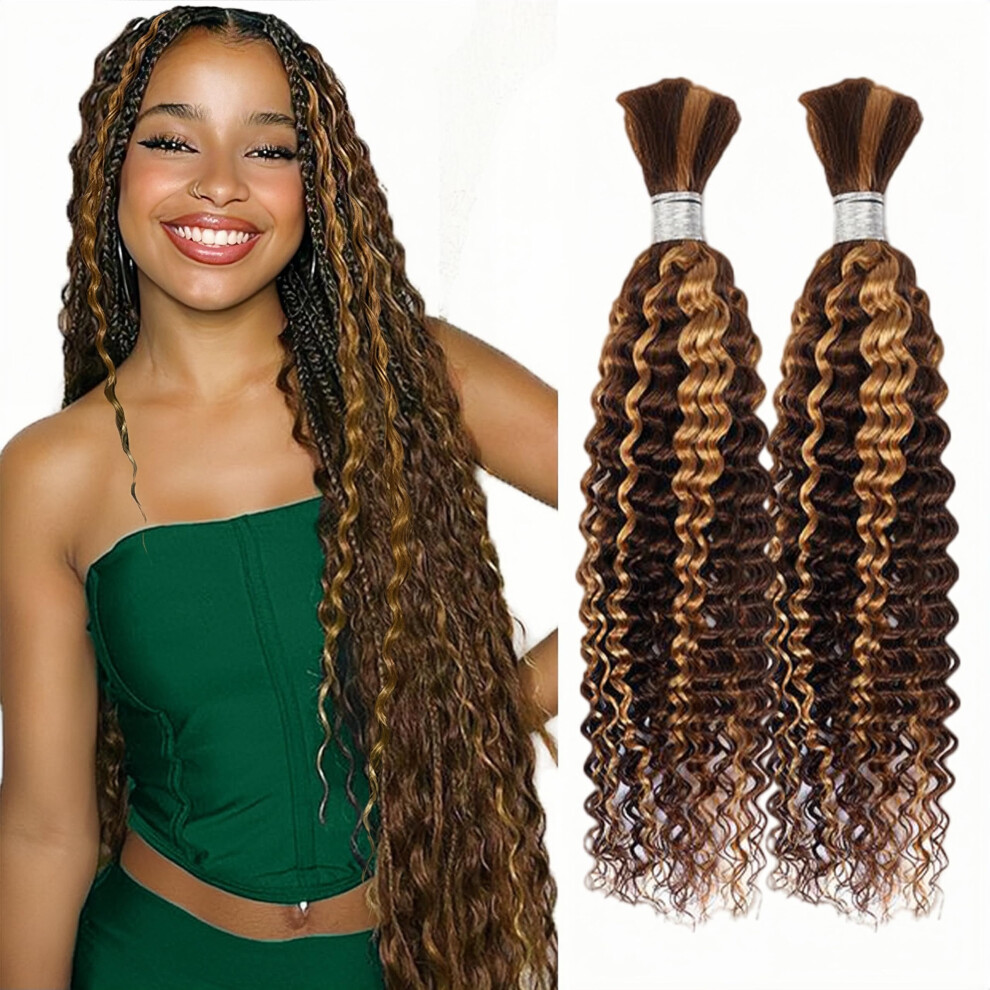 Human Braiding Hair 16 Inch P4/27 Ombre Curly Wave Virgin Hair Bulk for Boho Braids 2 Bundles