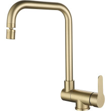 Elegant køkkenarmatur med sidegrebskontrol til temperatur og vandgennemstrømning, børstet guldfinish for tidløs charme, funktionelt greb til