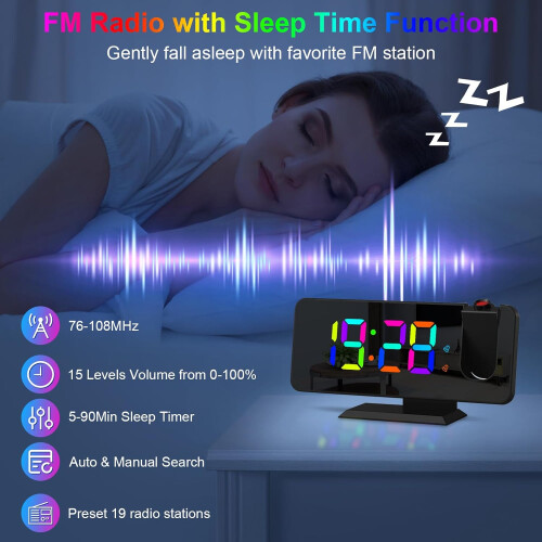 Snooze Function Alarm Clock for Modern Bedrooms, Adjustable Brightness with Auto-Dim Technology, 7.4 Inch Mirror Screen LED Digital Display, 2