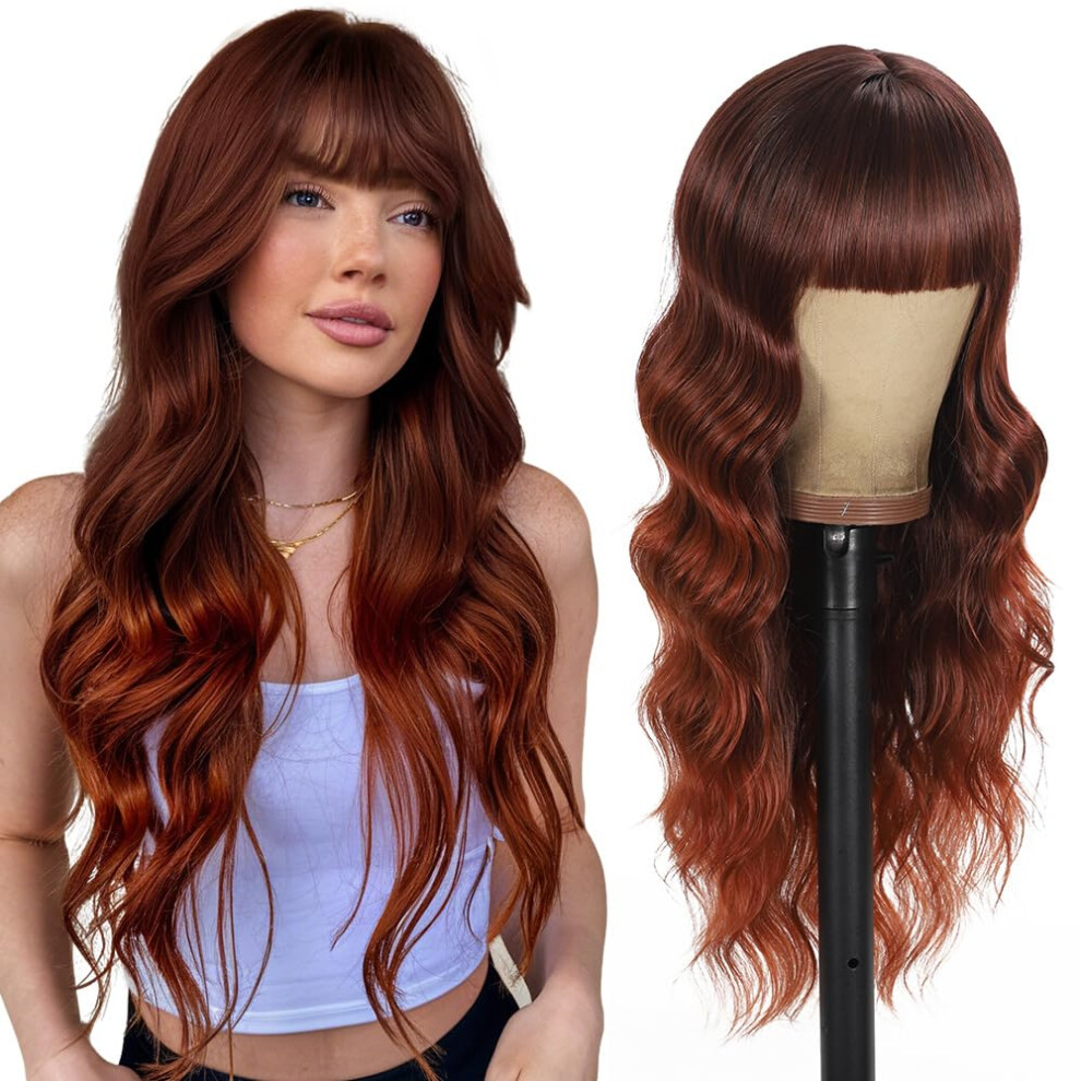 Unisex Black,Red,Brown Auburn Wig With Bangs 26 Inch Long Curly Synthetic Hair Reddish Brown Black Root Natural Color