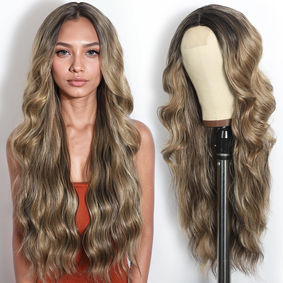 Unisex Brown Blonde Wigs For Women 26Inch Long Wavy Middle Part Ombre Mixed Blonde Synthetic Wig