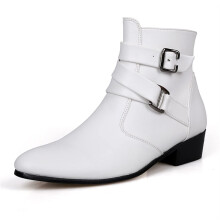 Men's Double Buckle Side Zip Leather Ankle Boots Waterproof AntiSlip Sole Warm Lining White 10 UK
