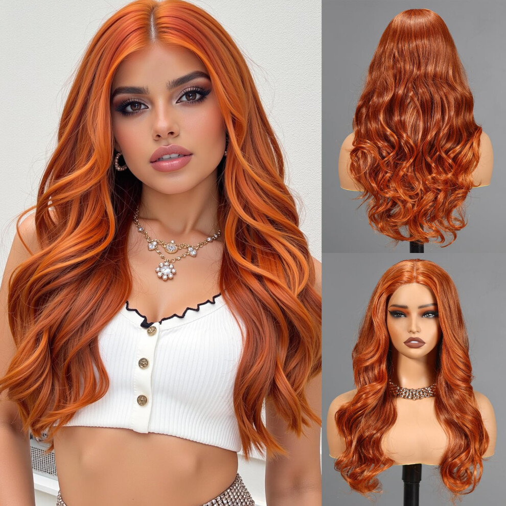 Unisex Orange Copper Long Wavy Wig For Women, Preplucked Natural Hairline, Heatresistant Synthetic