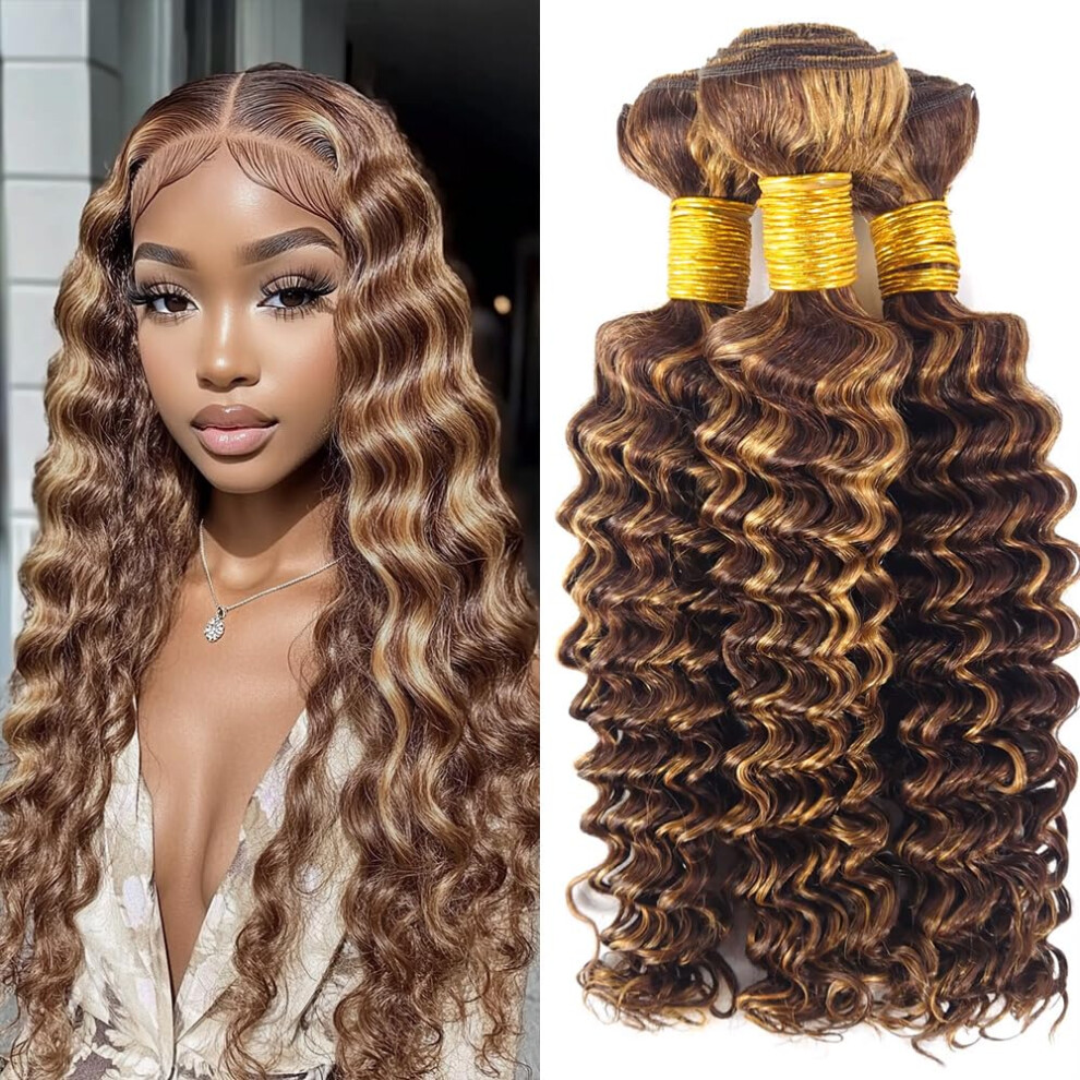 Unisex P4/27 Ombre Deep Wave Brazilian Human Hair Bundles 24 26 28 Inch Double Weft Honey Blonde Highlight