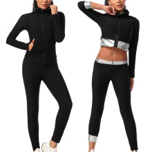 (L) Damen Sauna Trainingsanzug Set mit Reissverschluss und Kapuze als Fitness Schwitz Outfit fuer Sport