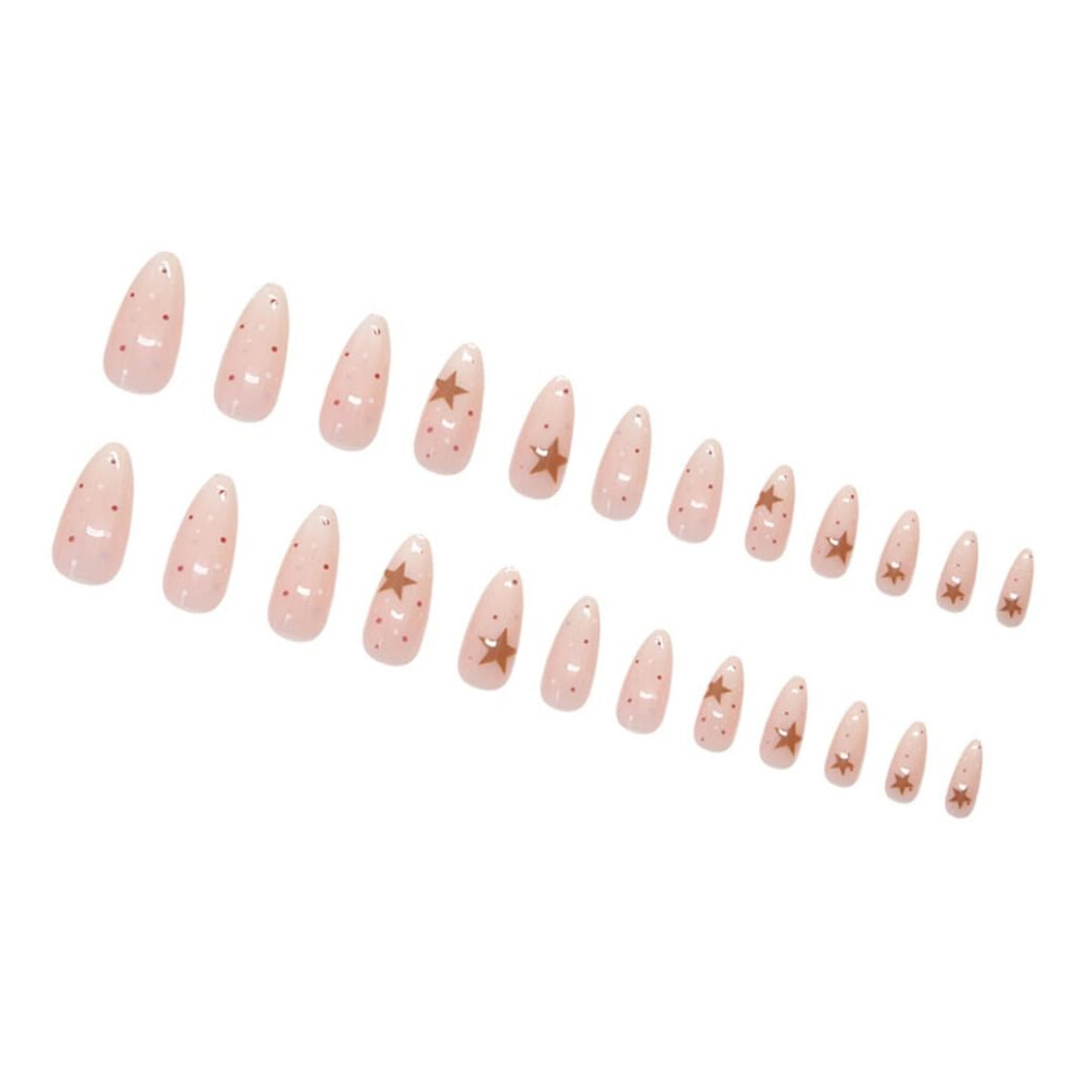 24 Pcs Long Almond Press On Nails with Star and Polka Dot Design, Full Cover Acrylic False Nails
