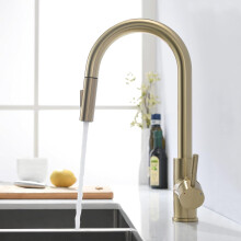 Robinet de cuisine élégant, finition or brossé, douchette extractible, design à arc élevé, acier inoxydable durable, matériaux sans plomb,