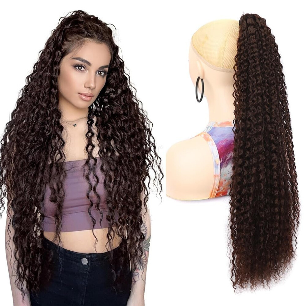 24 Inch Clip in Ponytail Extension Human Hair  Bohemian Curly Dark Brown with Blonde Highlights