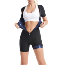 (Blau, M) Damen Sauna Body Shaper Einteiler mit kurzen Aermeln fuer Yoga Fitness und Training zur Schweißfoerderung