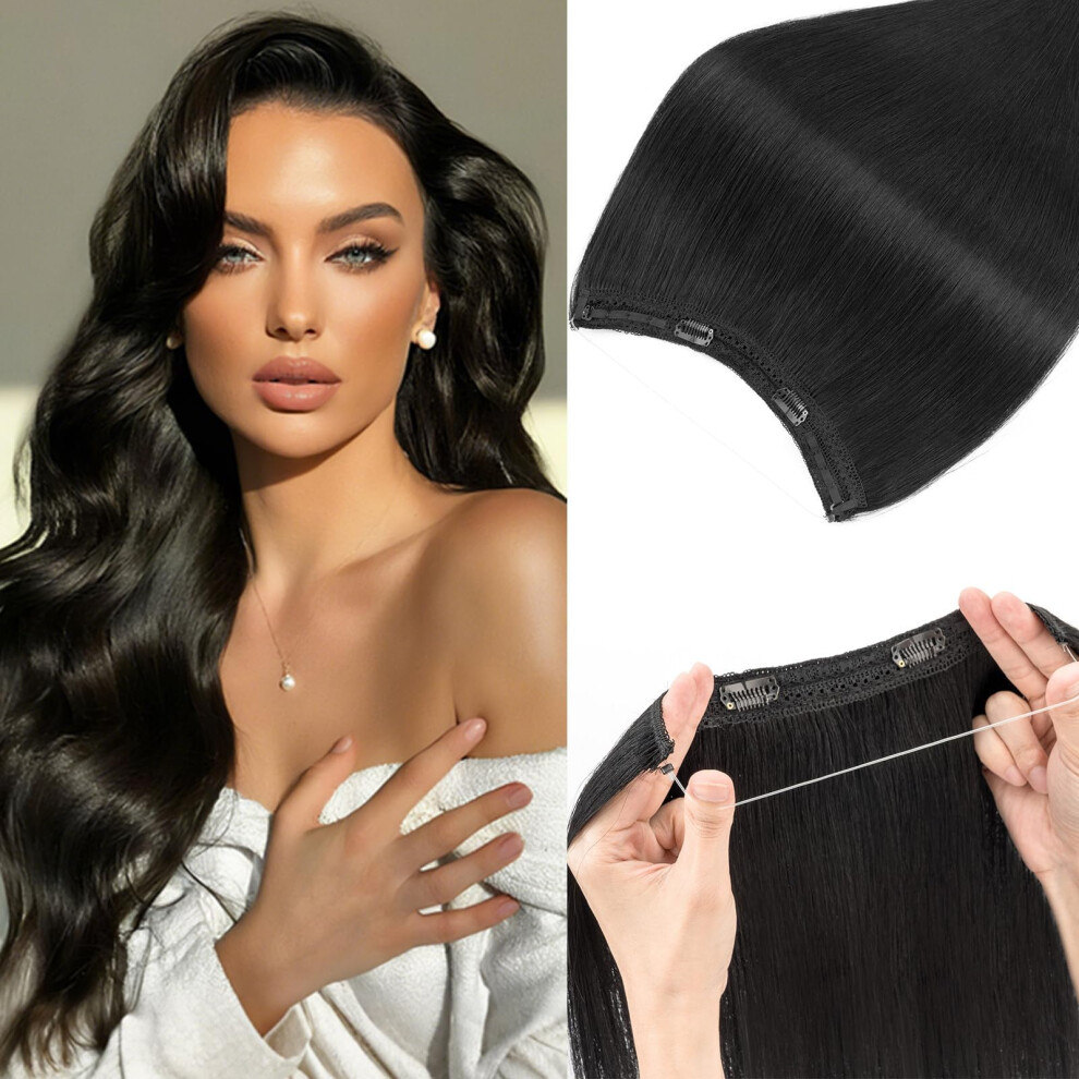 Unisex Black Halo Hair Extensions 100% Real Human Remy Hair Invisible Wire One Piece 11 Inch Jet