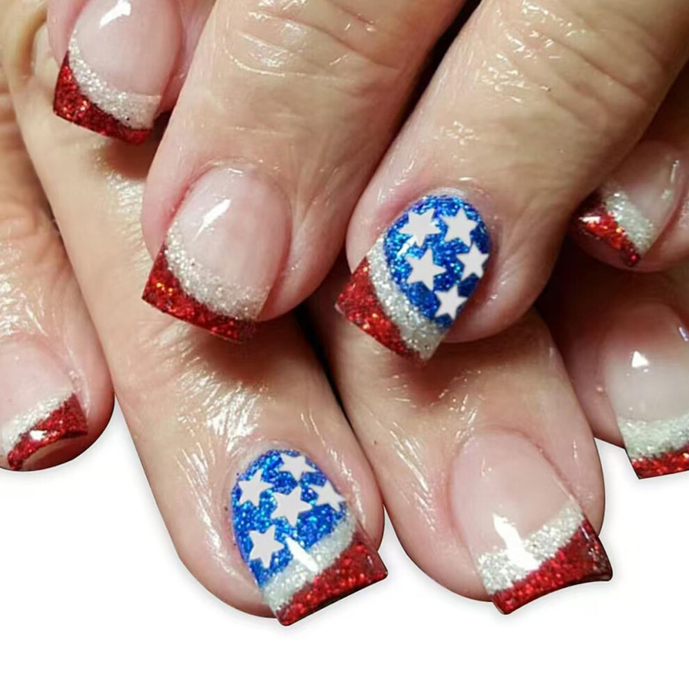 Independence Day Press On Nails American Flag Fake Nails Patriotic Square Design Reusable Set