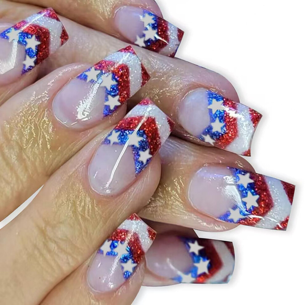 4th of July Press on Nails Short Square Fake Nails with Festive Patriotic Design and Glossy Finish