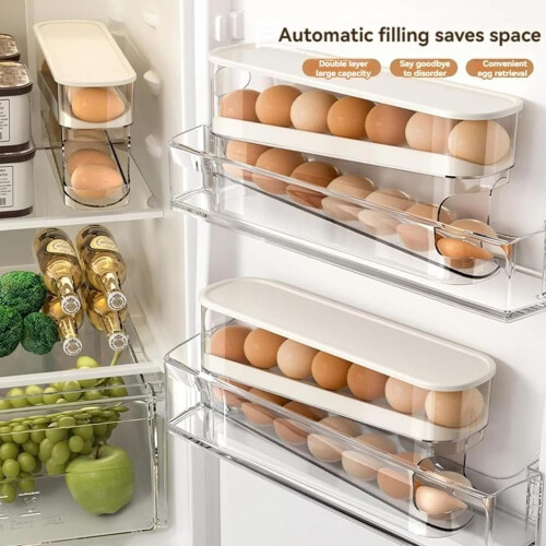 Egg Holder for Refrigerator with Automatic Rolling Design, Large Capacity Kitchen Storage for Home, Travel, Camping 1