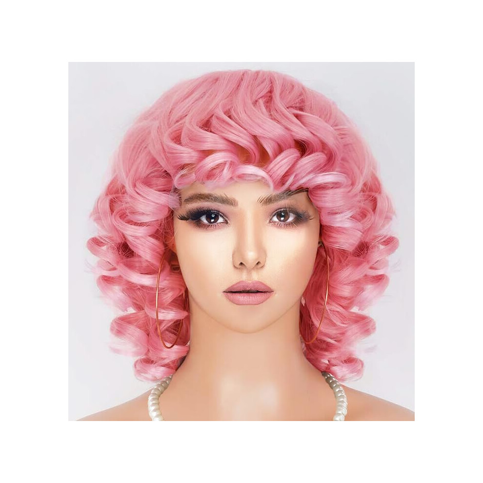 Pink Curly Afro Wig with Bangs HeatResistant Adjustable Cap Short Bouncy Hair for Black Women