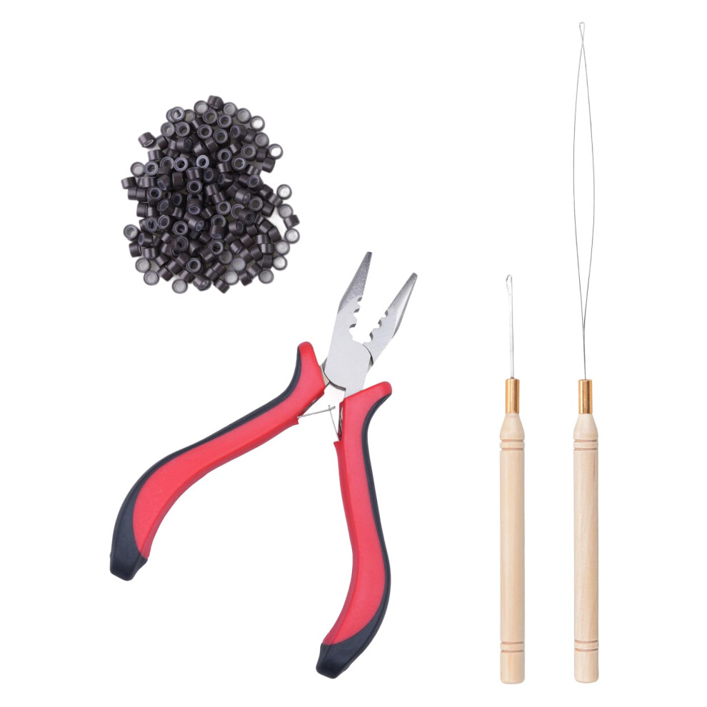 Hair Extension Tools Kit with Precision 3Hole Plier and 200 Brown Micro Rings for Extensions