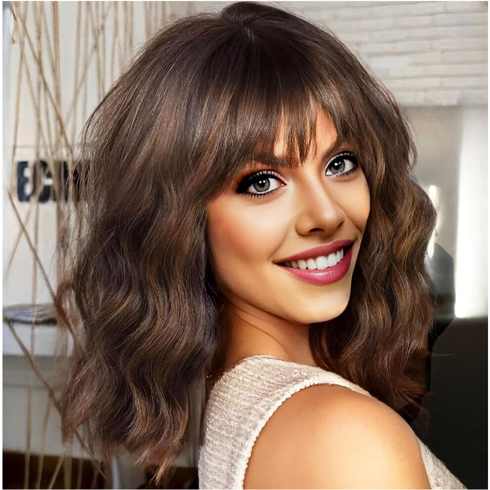 Unisex Brown Curly Bob Wig With Bangs Mix Blonde Shoulder Length Heatresistant Synthetic Hair